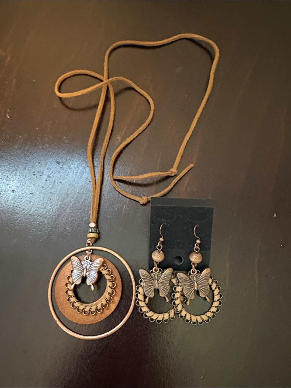 Butterfly Hoop Pendant Necklace and Earring Set - Brown